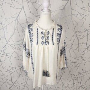 Fame Forever White Navy Cross Stitch Embroidered Peasant Top